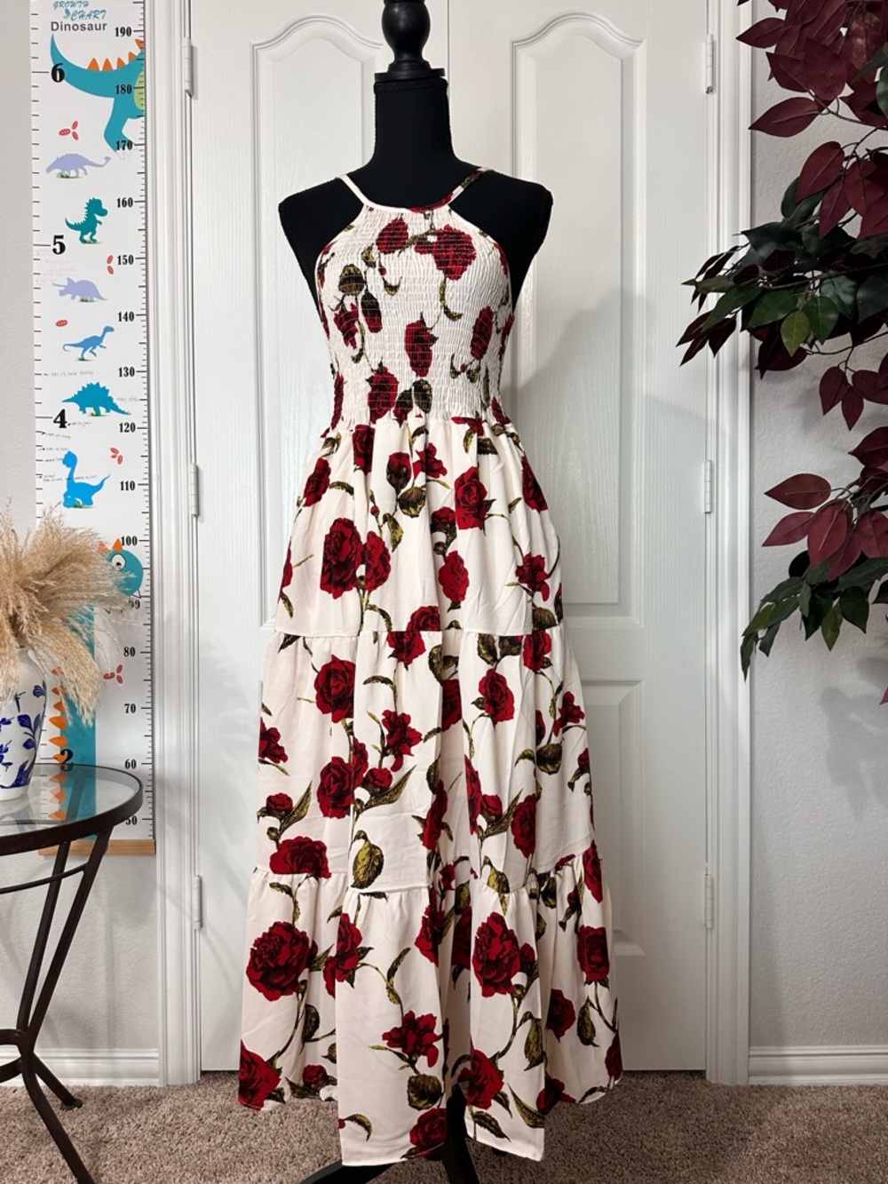 Smocked Halter Maxi Dress with Red Rose Print One Size, Fits XS-M, Length:112